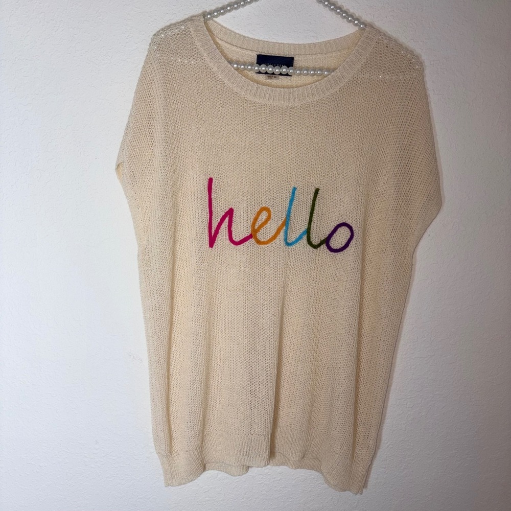 Hudson Gray Knit Top XL Cream Excellent Hello Embroidered Short Sleeve Sweater
